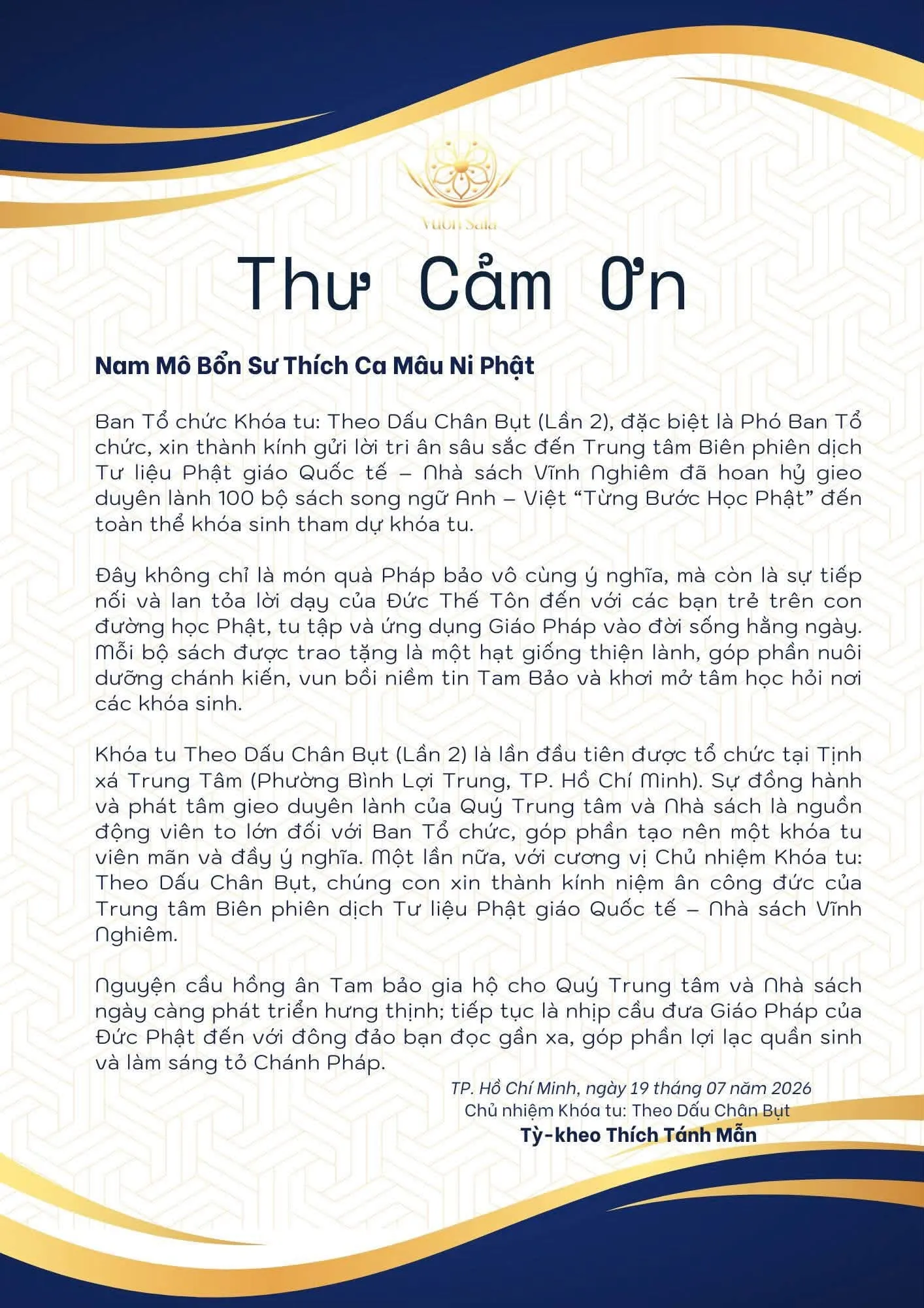 Thư Cảm Ơn của Ban Tổ chức Khóa tu Theo Dấu Chân Bụt (Lần 2) gửi Trung tâm Biên phiên dịch Tư liệu Phật giáo Quốc tế – Nhà sách Vĩnh Nghiêm