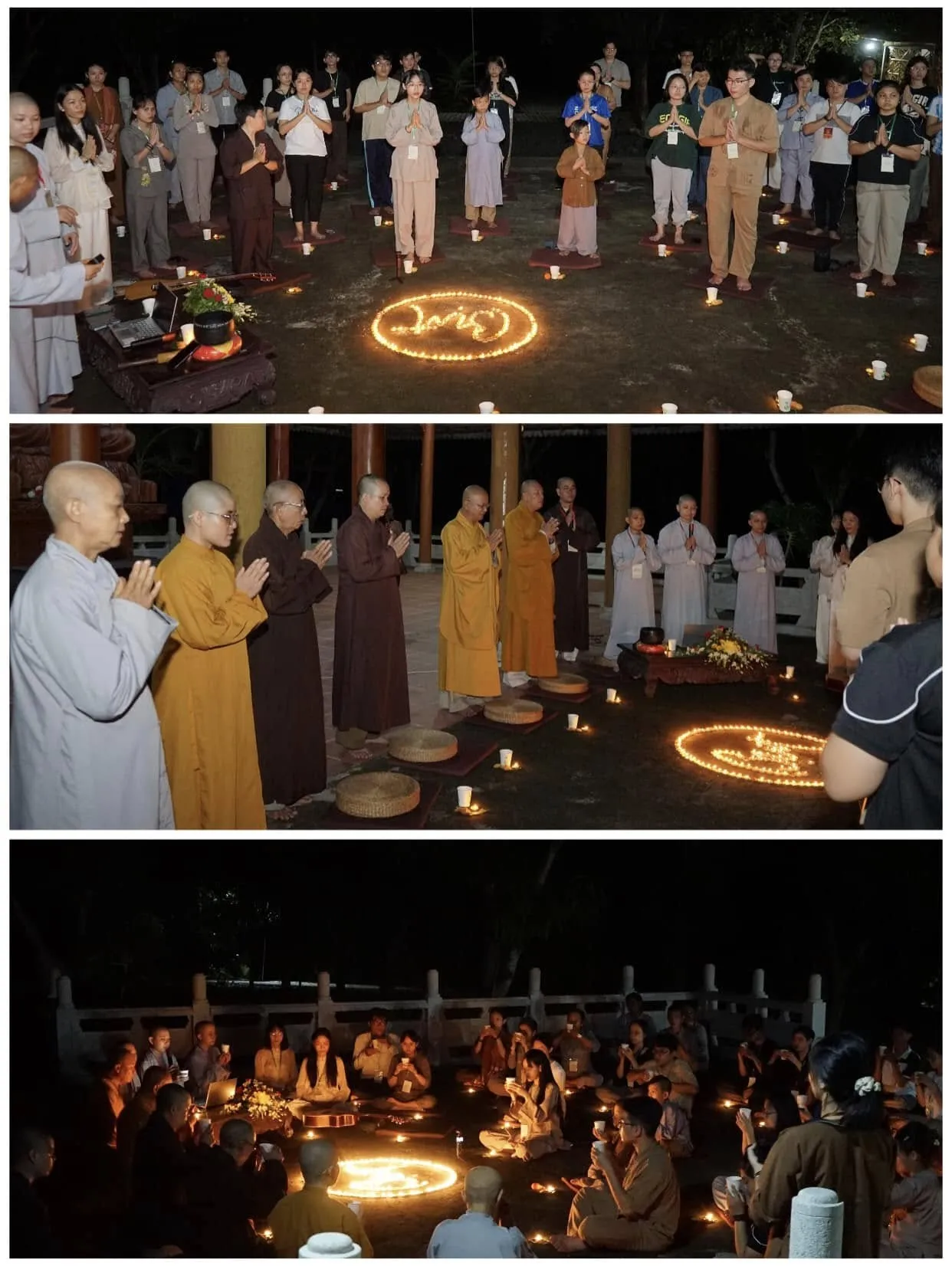 Chư Tăng và khóa sinh chắp tay, ngồi thiền buổi tối quanh những vòng nến thắp sáng trên mặt đất