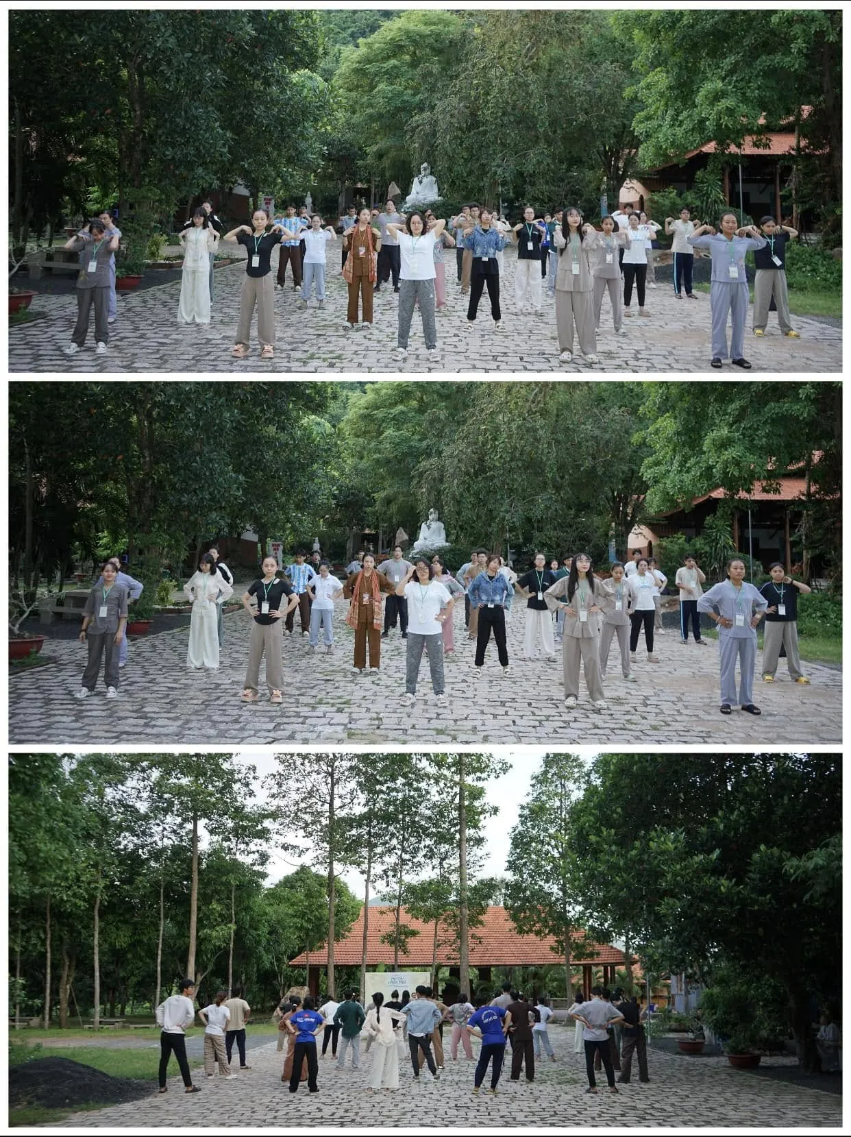 Khóa sinh cùng tập thể dục trên sân lát đá giữa khuôn viên nhiều cây xanh