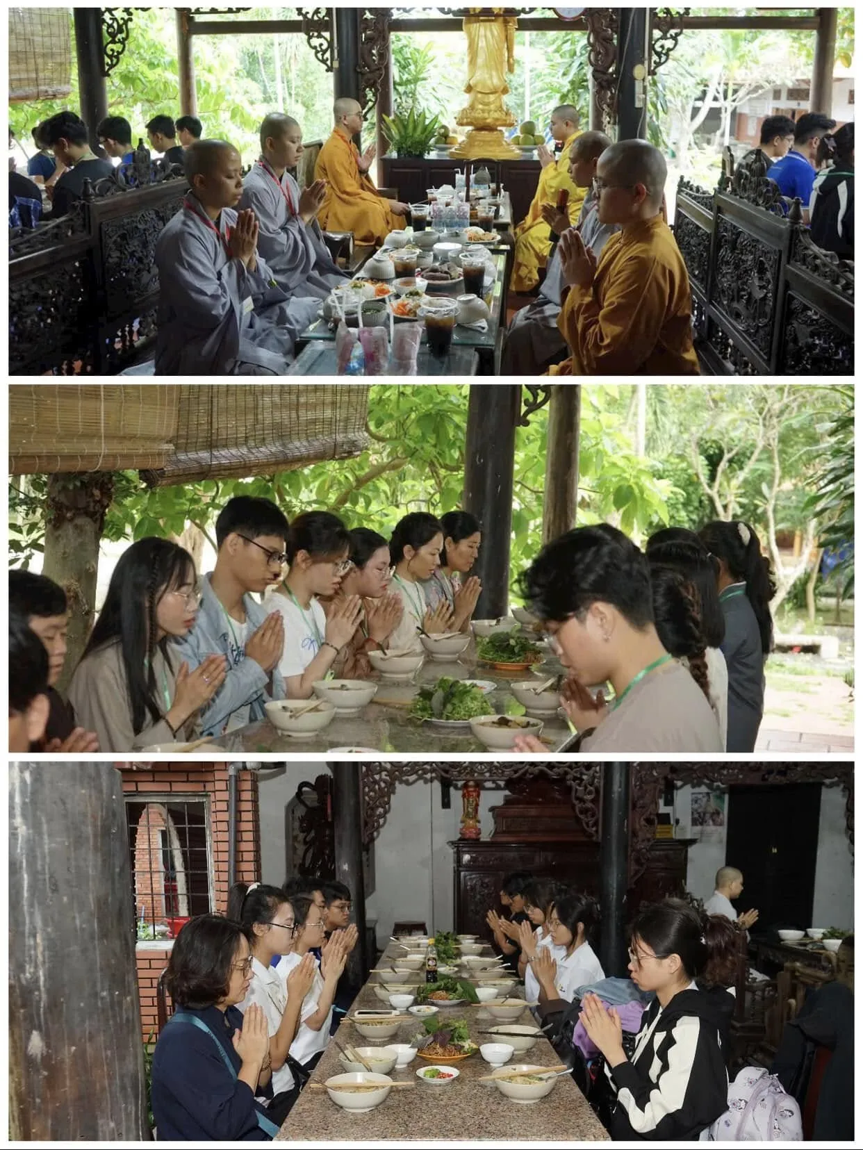 Chư Tăng và khóa sinh chắp tay trước bữa ăn bên những dãy bàn dài