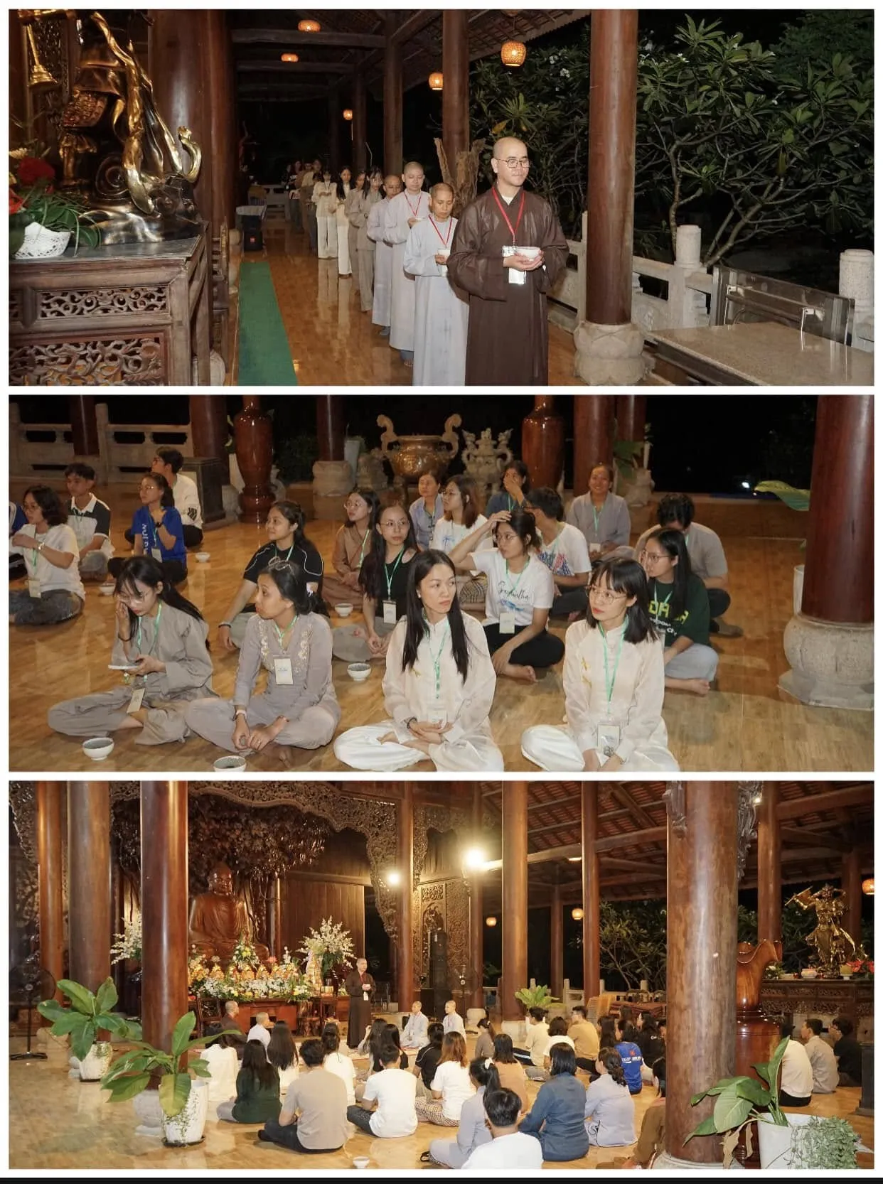 Chư Tăng và khóa sinh đi hàng một, rồi ngồi cùng nhau trong chánh điện vào buổi tối