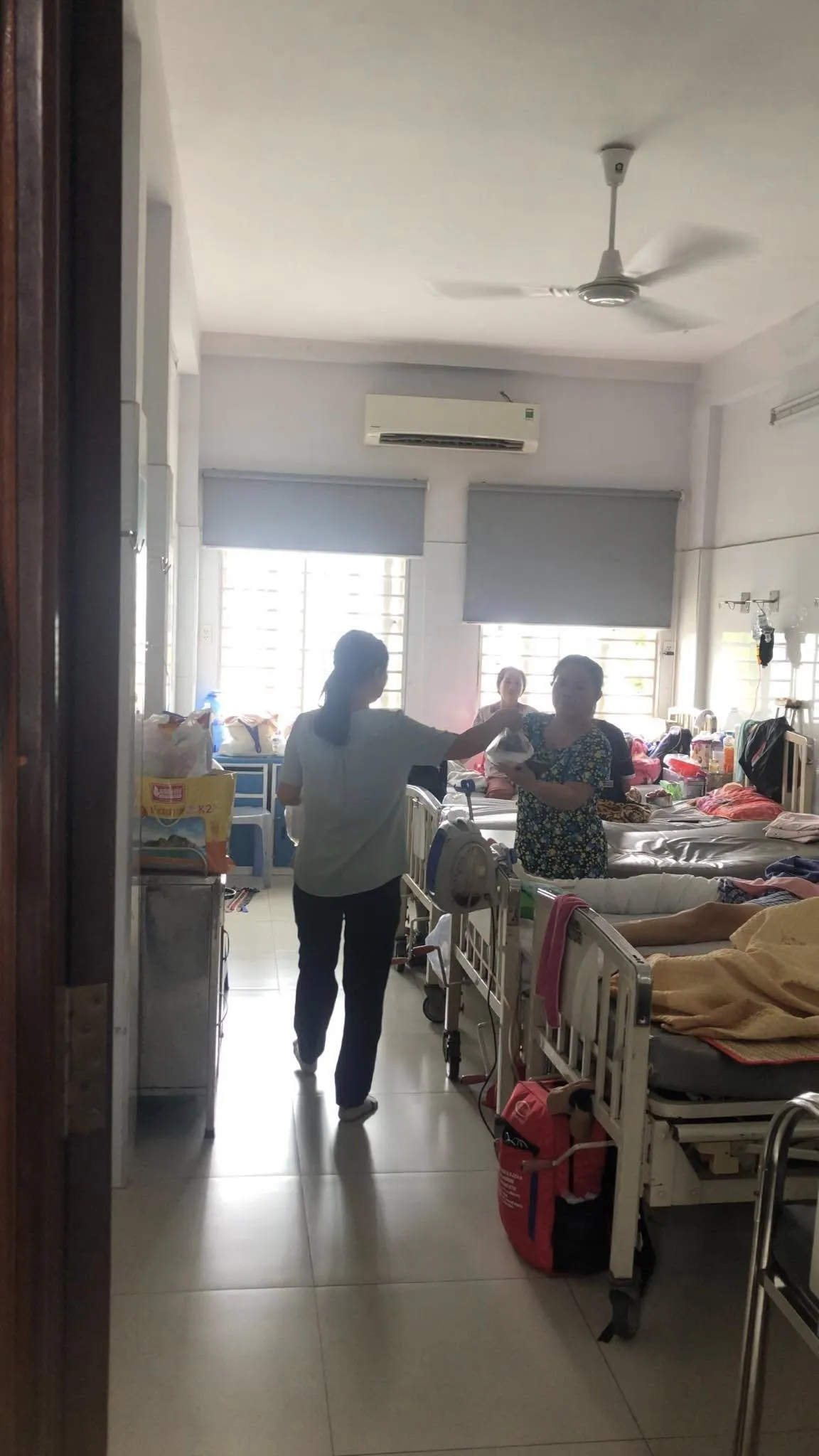 一位志愿者在病床旁把餐袋递给一位阿姨